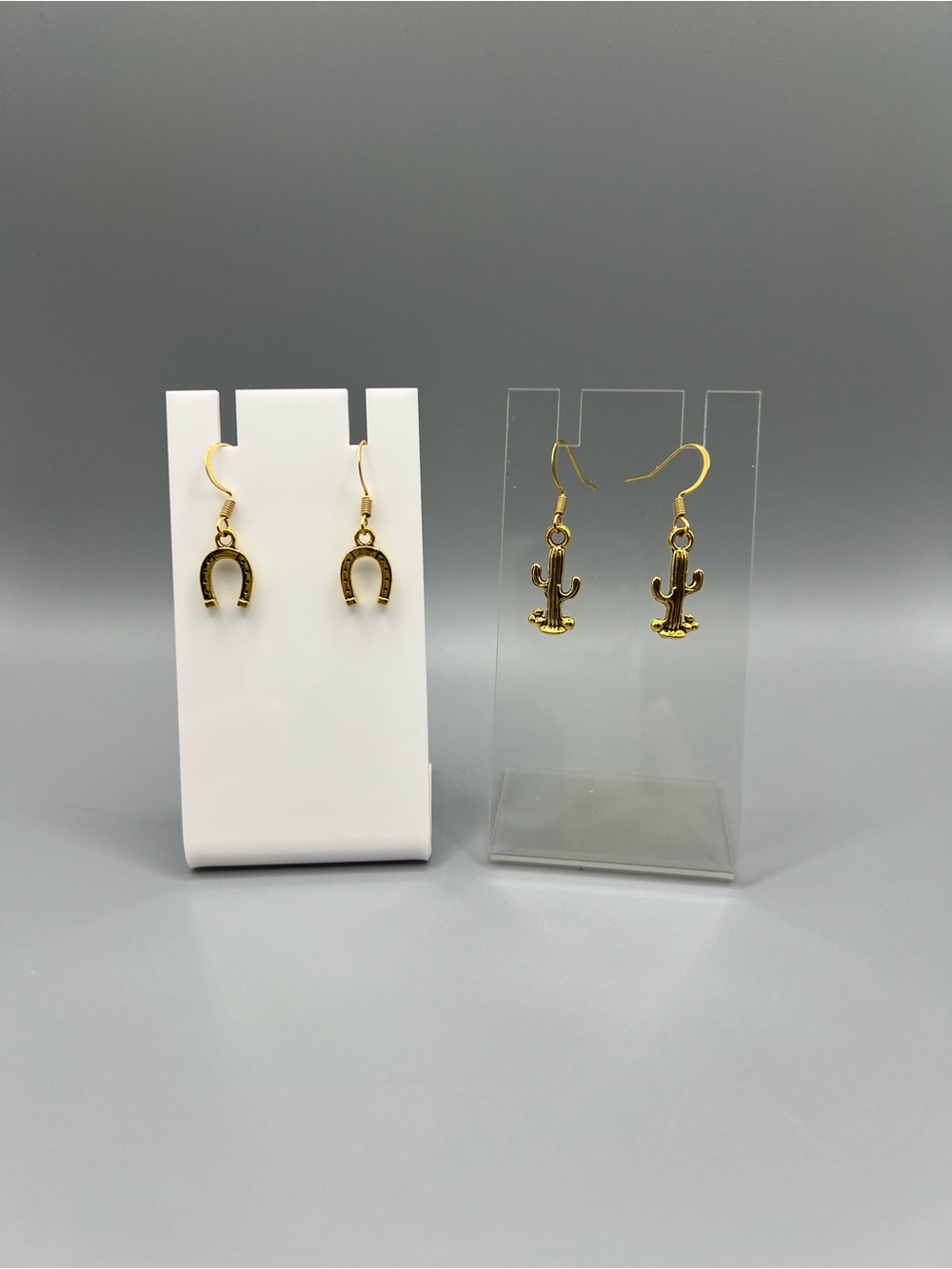 Gold Horseshoe & Cactus Dangle Earrings - Handmade #E0159C